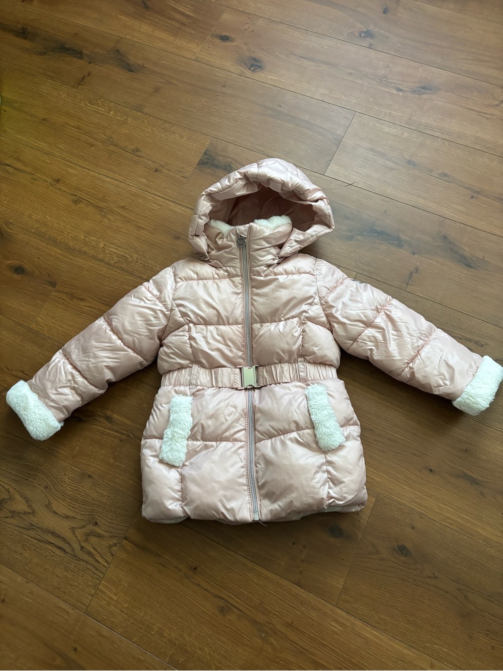 Michael Kors Light Pink Quilted Kids Puffer Coat with Fur-Trim